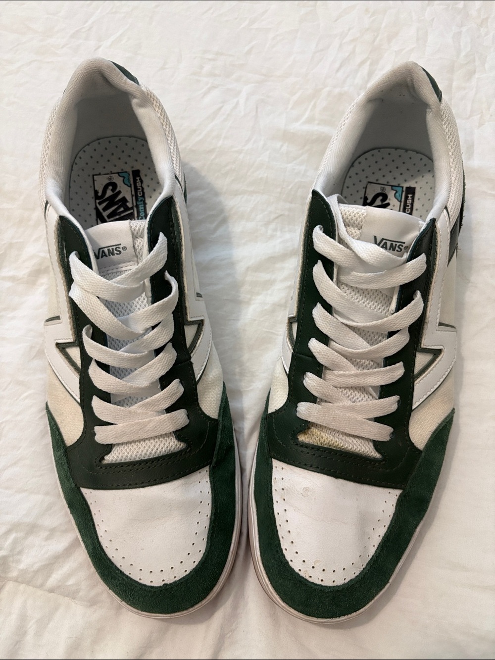 Vans White and Dark Green Low-Top Skate Sneakers